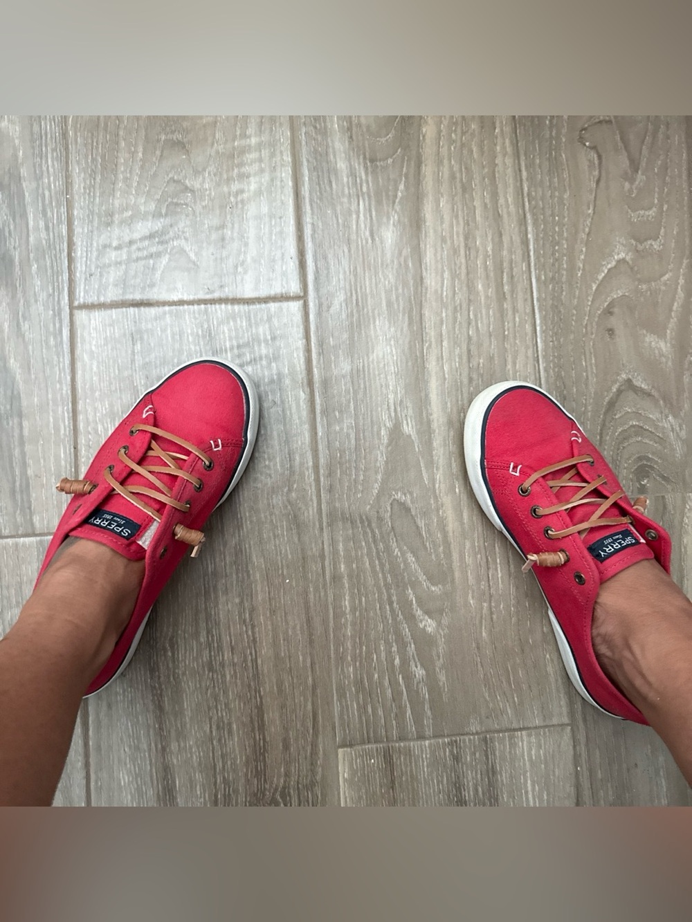 Sperry Women's Red Canvas Lace-Up Boat Sneakers with Tan Laces